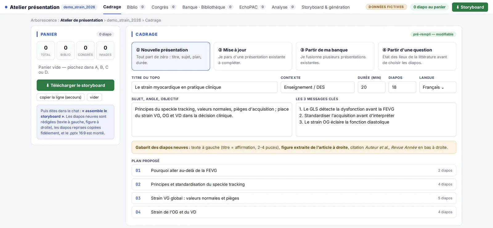 Atelier de présentation : le cadrage (point d'entrée, messages à retenir, plan proposé).