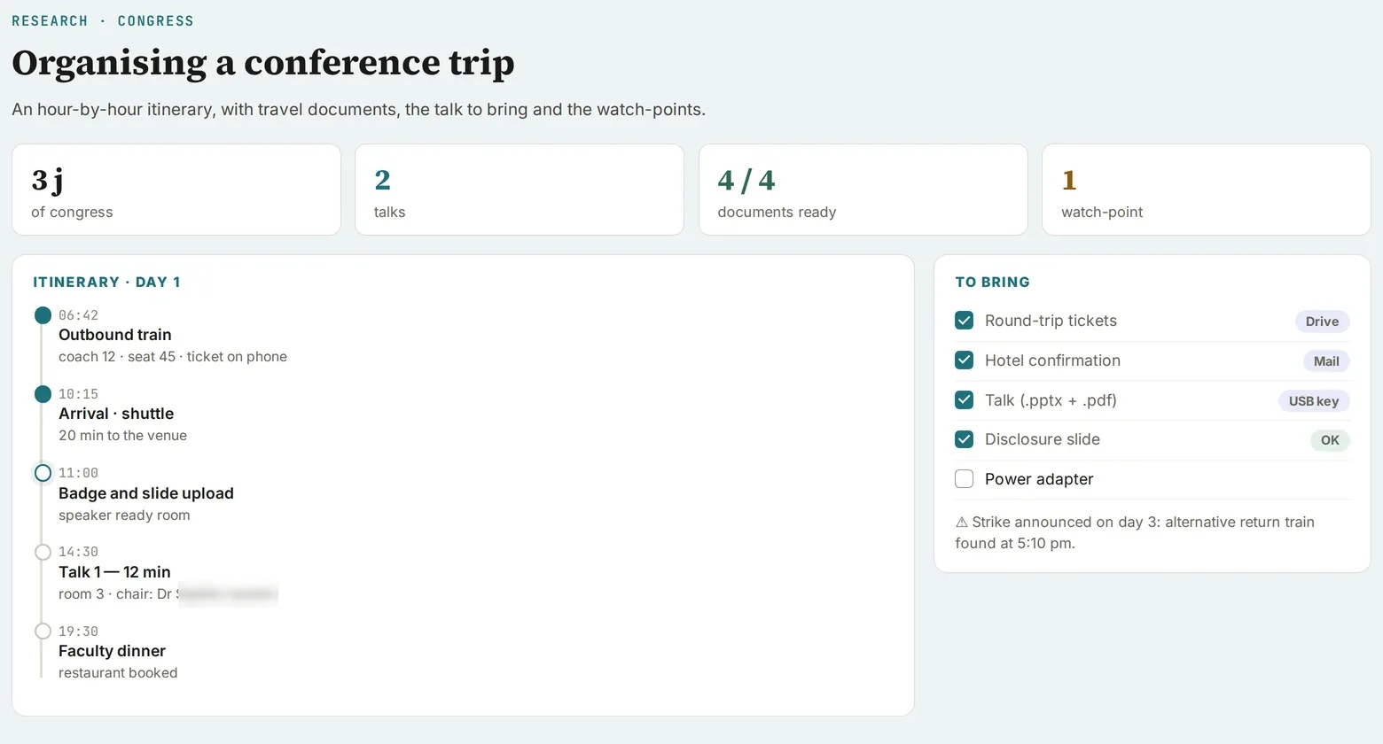 Hour-by-hour itinerary and packing list for a congress.