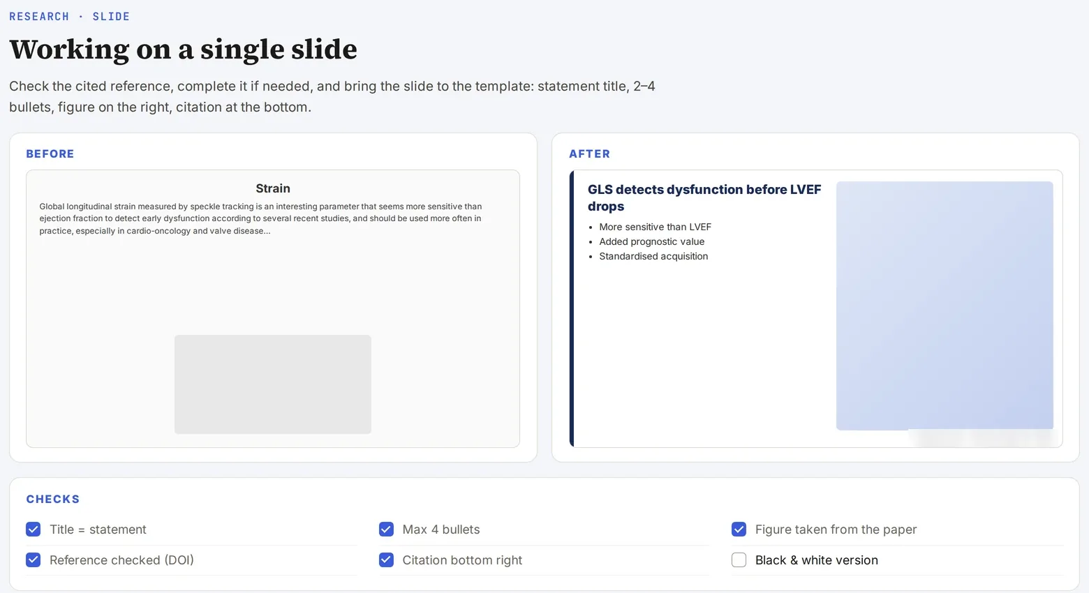 A slide before / after being brought to the template, with the checks.