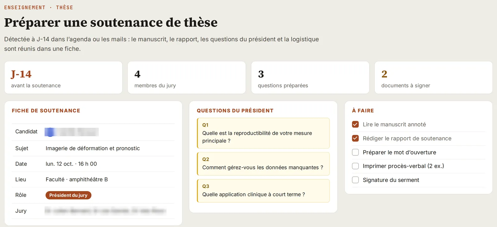 Fiche de soutenance préparée à J-14 : questions du président, documents, à faire.